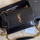 Ysl Sunset Croc Skin Shoulder Sling Bag Black